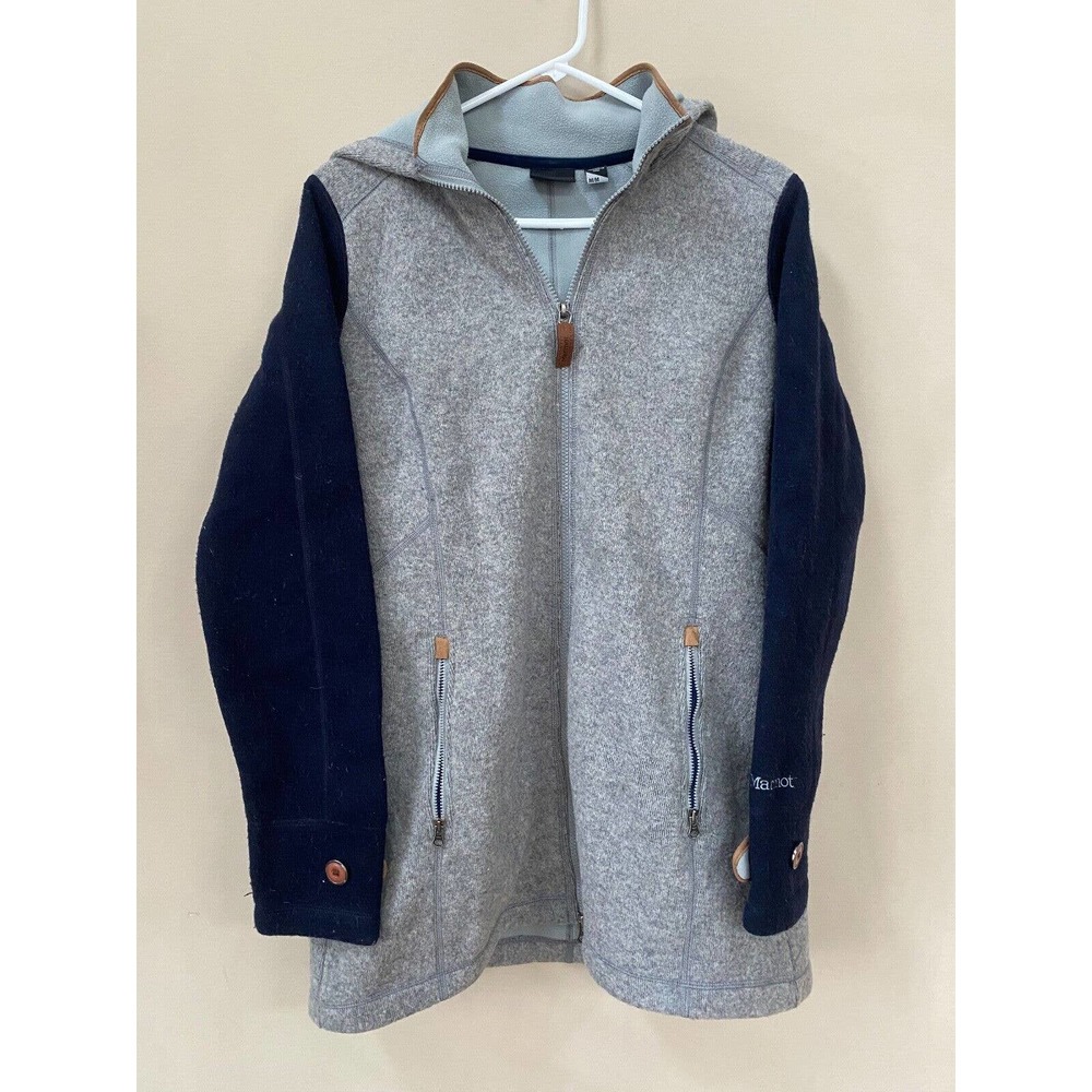 Marmot Womens Eliana Gray Navy Wool Blend Hooded Parka Fleece Jacket Sz M